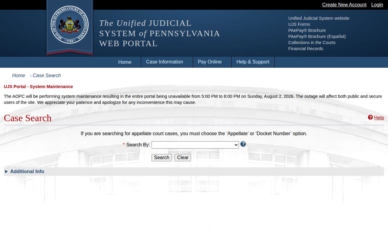Pennsylvania UJS search for Union County inmate release court records
