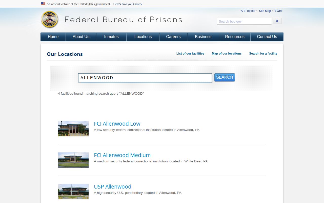 USP Allenwood high-security federal institution release source in BOP directory
