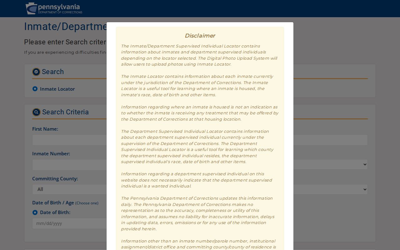 Pennsylvania DOC Union County released inmate and parolee locator