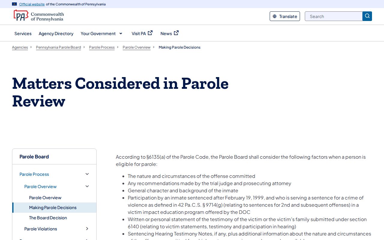 Pennsylvania Parole Board decision information for Union County release supervision